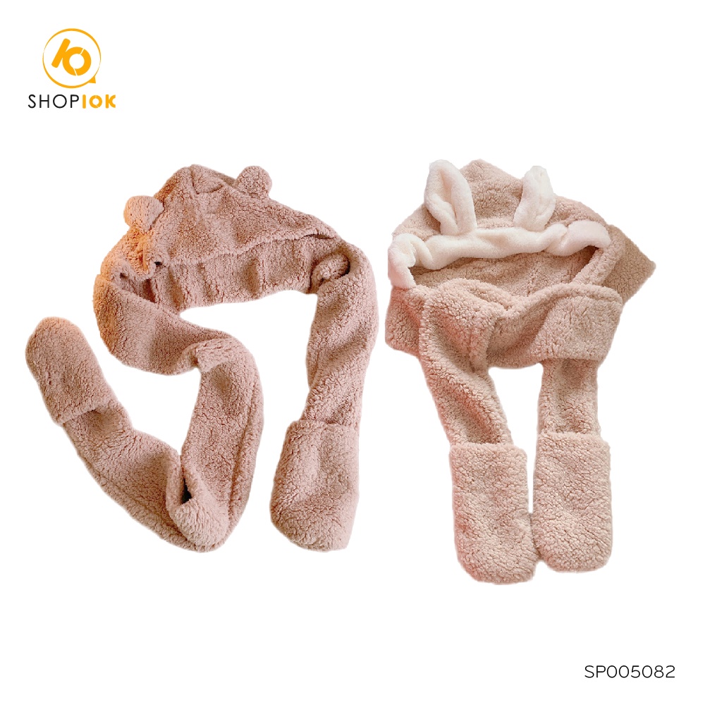 Mũ lông tai thỏ SHOP10K  kèm khăn quàng cổ bao tay 3 trong 1 ấm áp