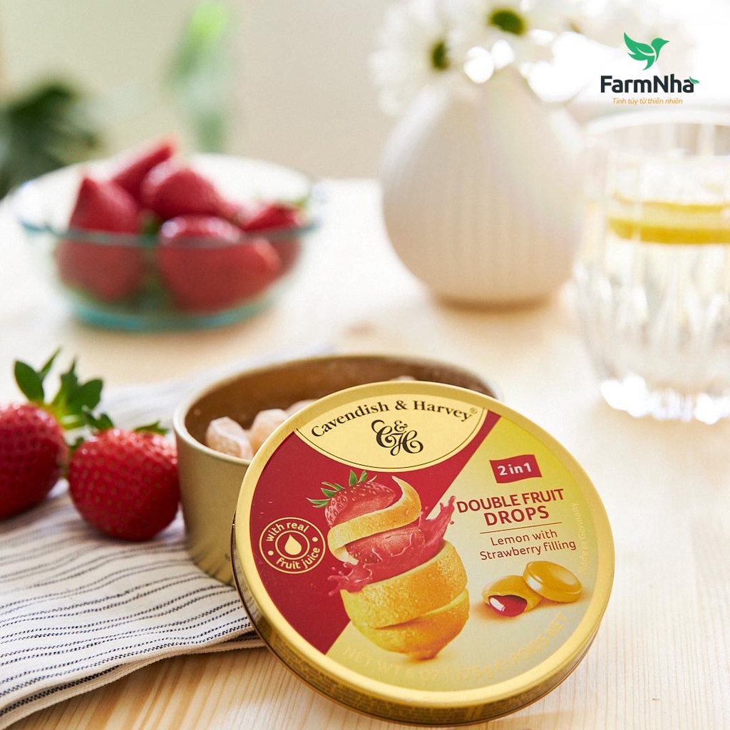 Kẹo Trái Cây Cavendish & Harvey Vị LEMON WITH STRAWBERRY FILLING Hộp 175gr - Hàng Chính Hãng