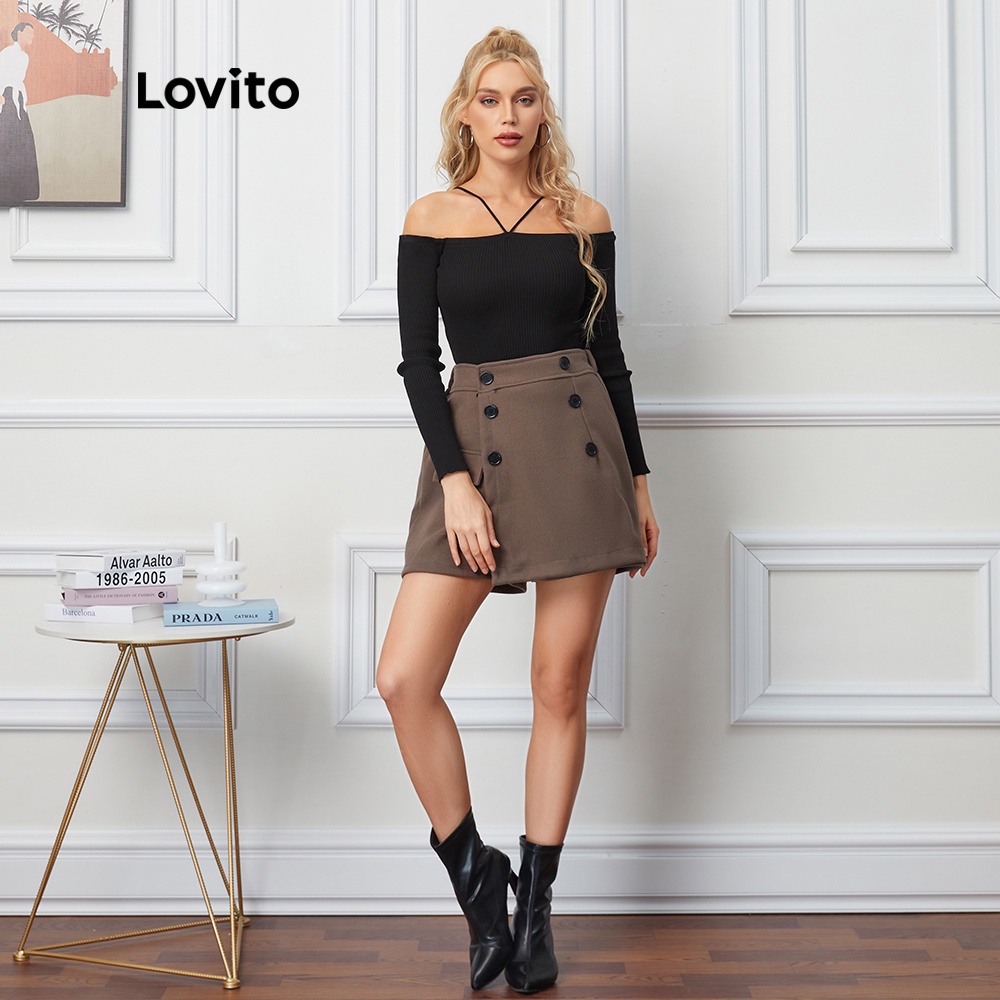 Quần short lưng cao Lovito màu đen/kaki L09106 | BigBuy360 - bigbuy360.vn