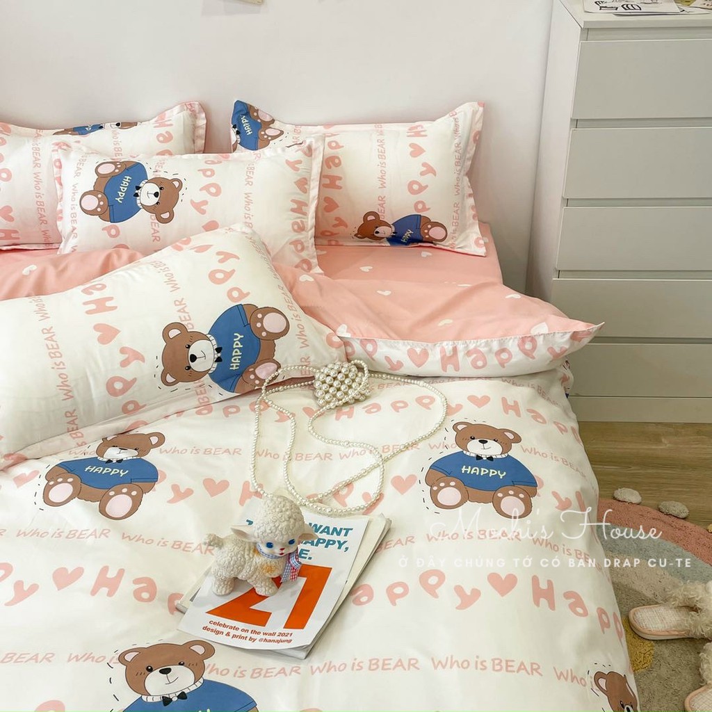 BỘ CHĂN GA GỐI POLY COTON CHÚ GẤU HAPPY SIÊU XINH DRAP GIƯỜNG