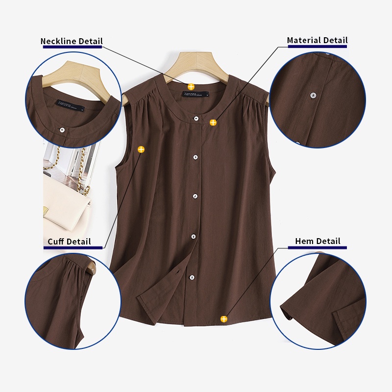 Áo kiểu ZANZEA cộc tay cổ tròn dáng suông cài nút phía trước cho nữ