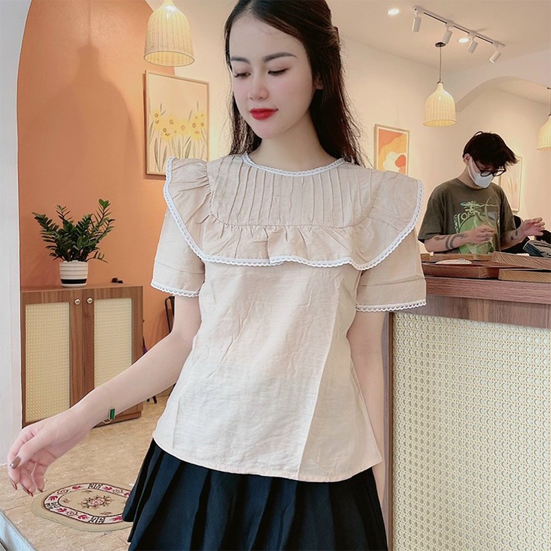 Áo Sơ Mi Nữ Kiểu Chất Đũi Ngắn Tay Cổ Tròn Bèo Ren - 6 Màu Xanh Đen Vàng Nâu Be Trắng - Hanlly Fashion Thời Trang - A14