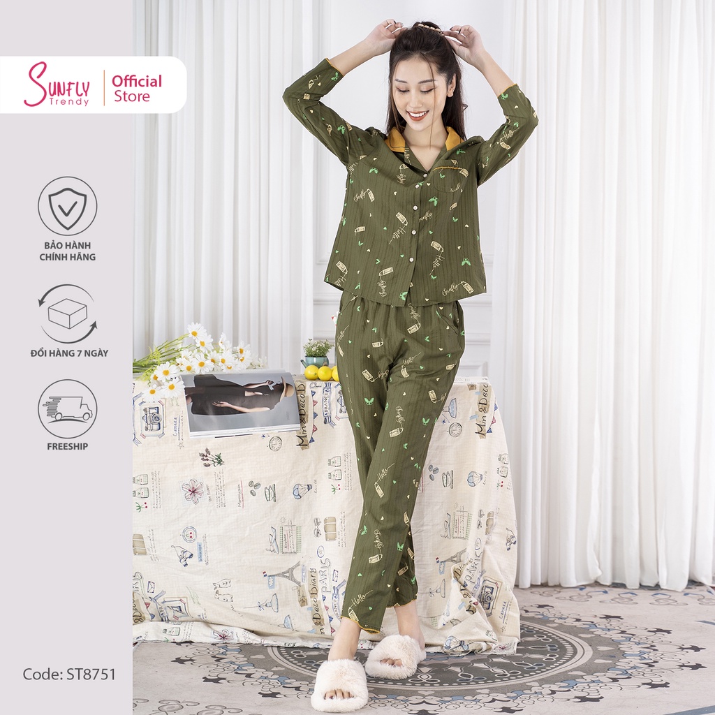Bộ đồ mặc nhà nữ pijamas linen SUNFLY áo dài quần dài ST8751