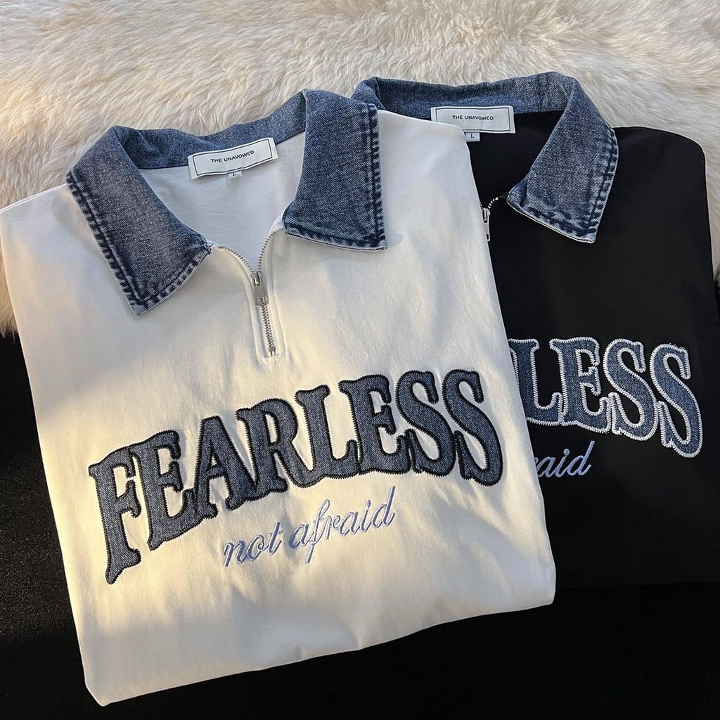 Áo polo ulzzang nam nữ unisex thêu chữ Fearless phối cổ denim phong cách đường phố cá tính