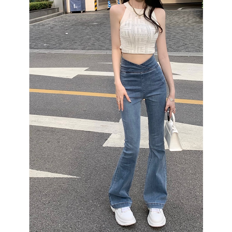 Quần jean nữ lưng cao ống loe phong cách thời trang Hàn Quốc