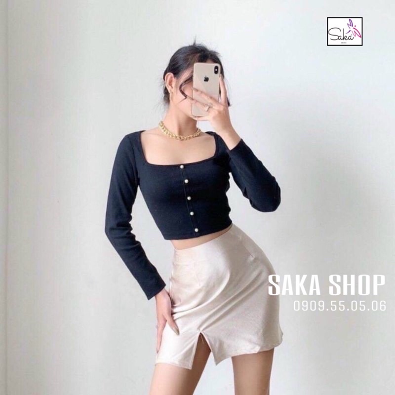 Áo croptop nữ thun tay dài nút ngọc vải 4 màu