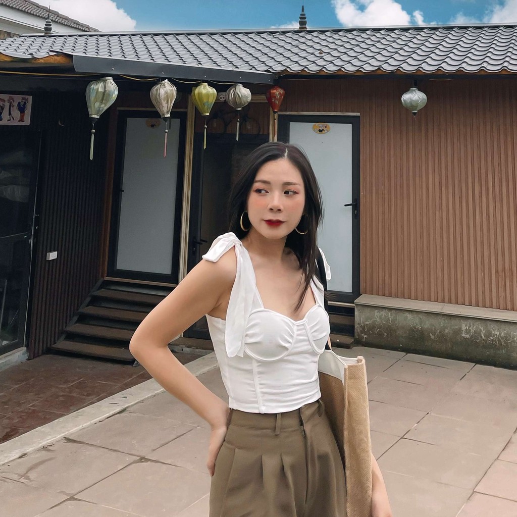 Áo hai dây cúp ngực buộc nơ bản to thiết kế T-Ju chất thun co giãn cao cấp dáng croptop | BigBuy360 - bigbuy360.vn