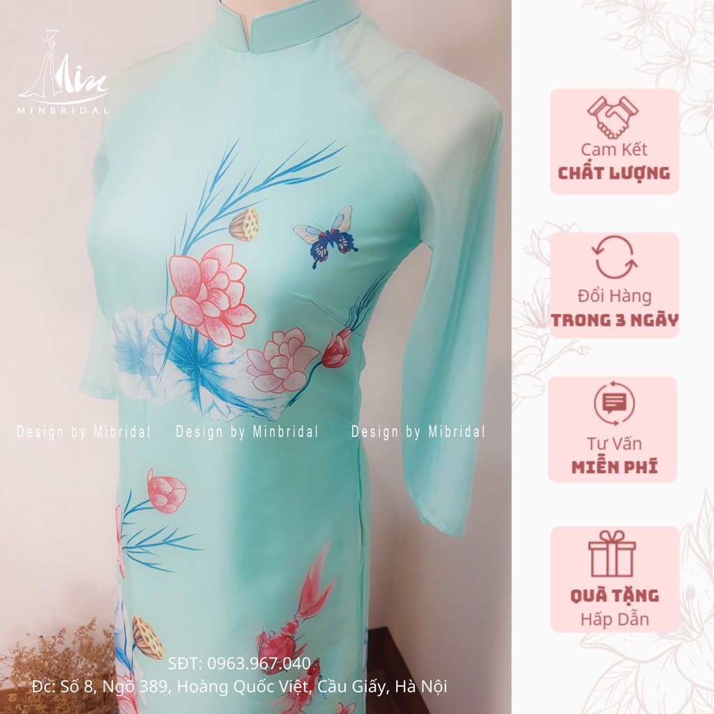Áo dài tết màu xanh nhạt, 4 tà cổ vuông 2cm chất liệu voan tơ óng in hoa văn | BigBuy360 - bigbuy360.vn