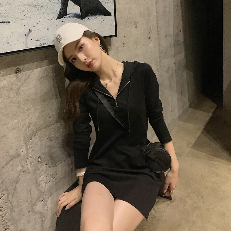 SUXI Đầm hoodie màu trơn thiết kế dáng rộng thoải mái mới