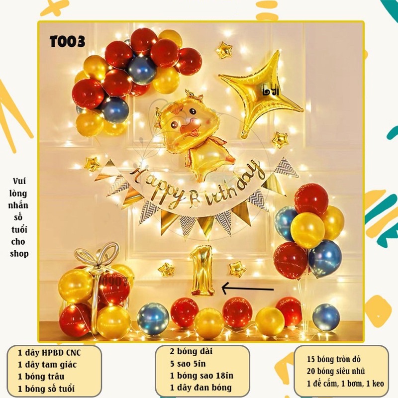 Set Bóng Trang Trí Sinh Nhật Bé - Mẫu Trâu Vàng - Bong Bóng Sinh Nhật