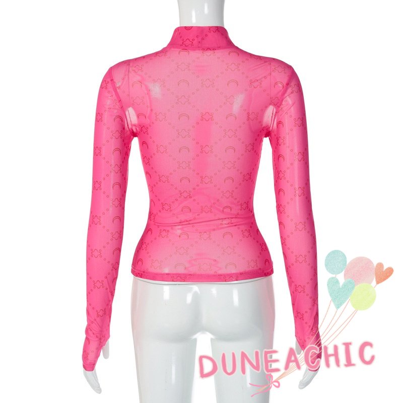 DUNEA Áo Kiểu Tay Dài Cổ Cao Phối Lưới Phong Cách Đường Phố Quyến Rũ