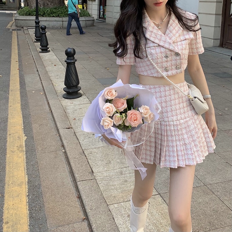 Set Áo vest croptop và chân váy tennis dạ tweed hot trend phong cách highteeni