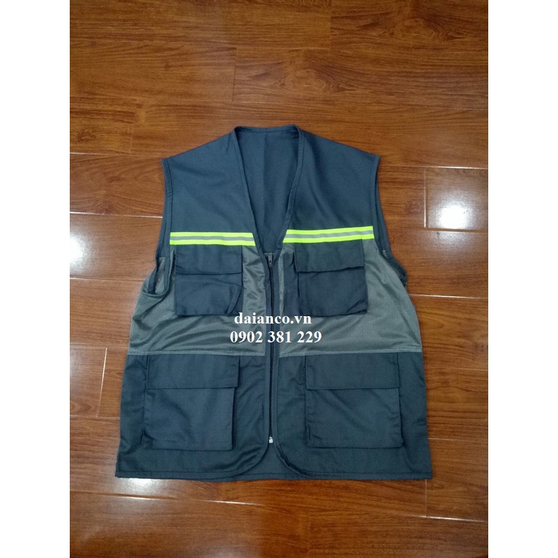 Áo ghi lê kỹ sư phản quang xanh phối lưới màu xanh than 1 kéo 4 túi hộp