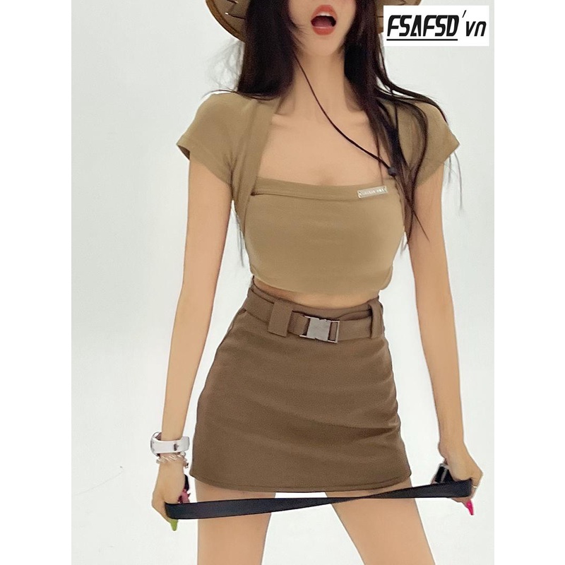 Bộ Áo Ngắn Tay + Chân Váy Ngắn Lưng Cao Xinh Xắn Theo Phong Cách Mùa Hè 2022 Dành Cho Nữ
