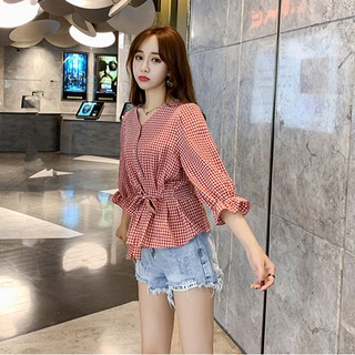 Xj-cổ Tay Áo mezzang Cổ Chữ V Với Họa Tiết Sọc Ca Rô Dành Cho Nữ