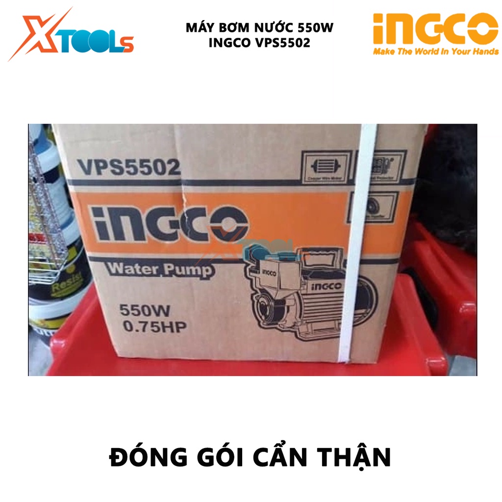 Máy bơm nước INGCO VPS5502 máy bơm tăng áp 550W(0.75HP), chiều cao bơm 40m, độ hút sâu 8m, mô tơ dây đồng tăng áp lực đư