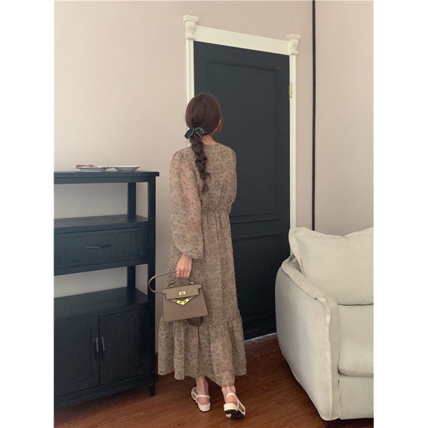 Đầm voan Peppermint họa tiết hoa tay dài phong cách retro thời trang cho nữ 55568