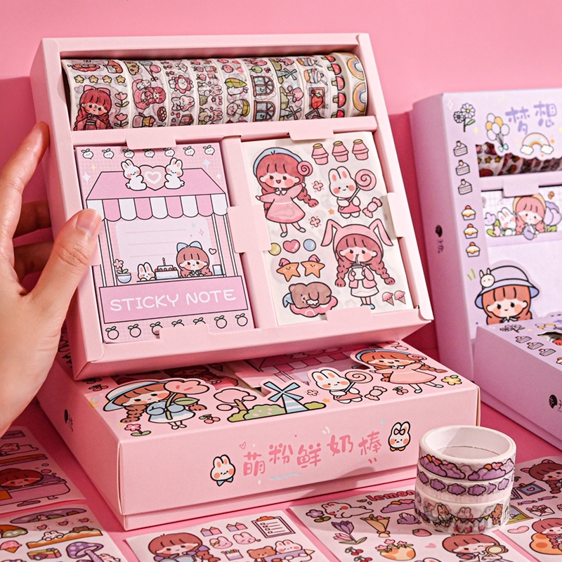 Hộp Sticker Cute 10 tờ - 10 Washi Tape - 30 Tờ Giấy Note  Sitker Trang Trí Sổ Tay  Hinh Dan Cute Hình Dán Công Chúa Giấy Nhớ