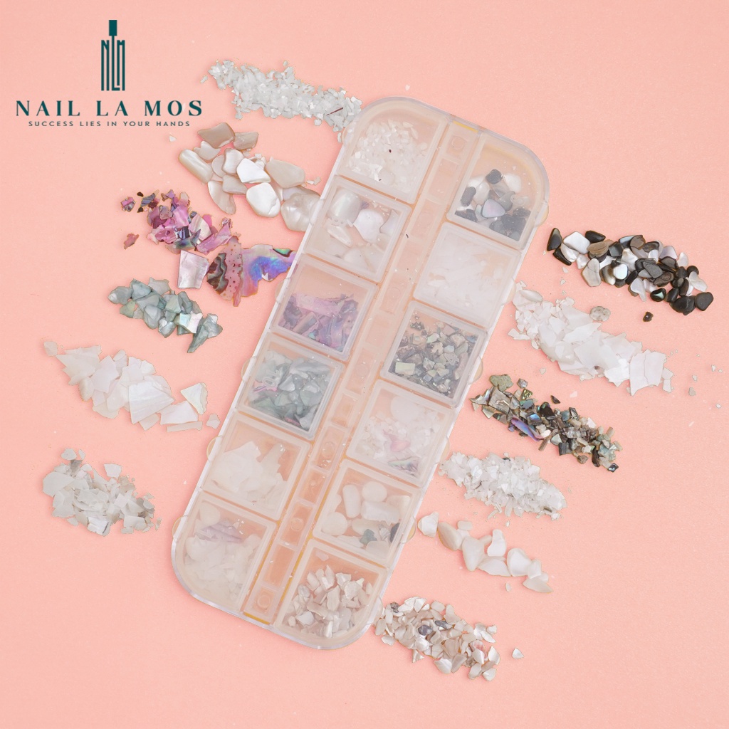 Set 12 loại đá xà cừ sỏi - xà cừ trang trí móng tay đắp gel ẩn theo phong cách Hàn Nhật