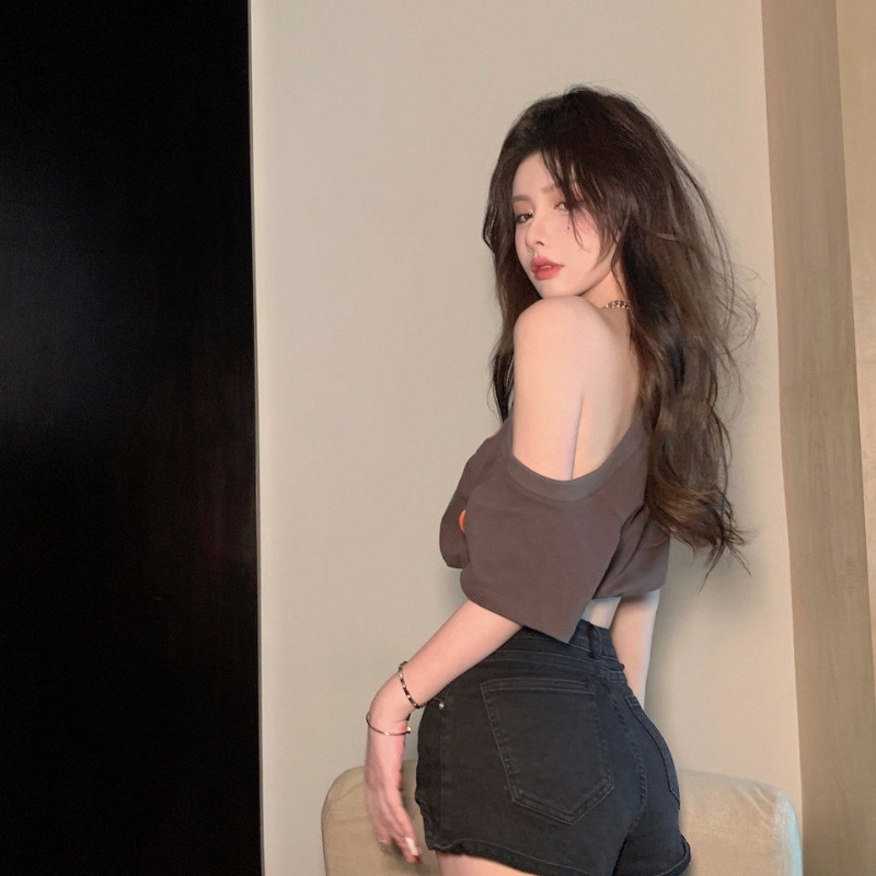 COZOK Áo Thun Tay Ngắn Hở Vai In Họa Tiết Phong Cách retro Thời Trang Cho Nữ