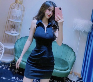 Đầm body cổ yếm sơmi hở lưng
