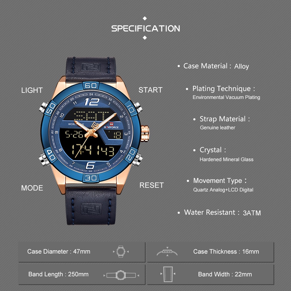 Đồng Hồ Nam NAVIFORCE Dây Da Chống Thấm Nước Phong Cách Quân Đội