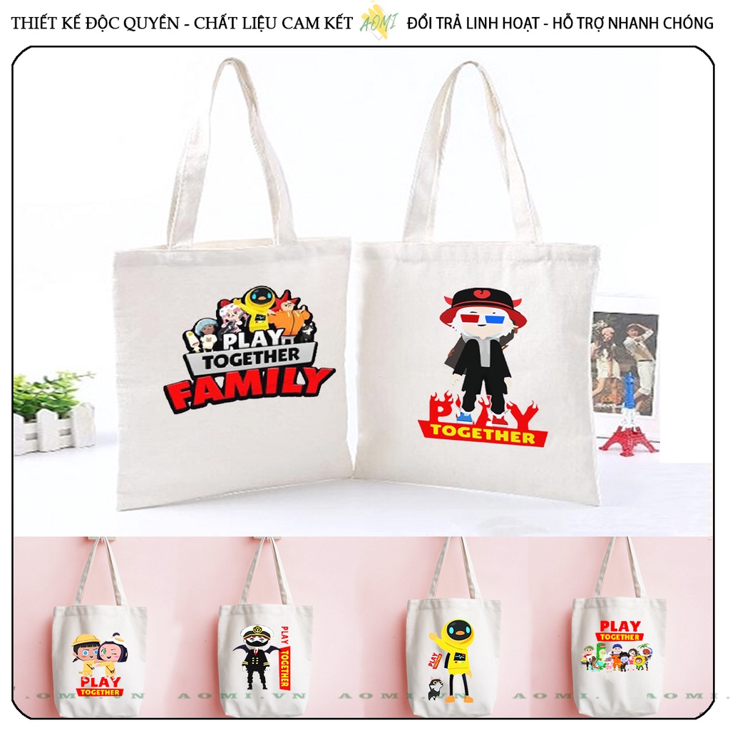 TOTE CANVAS Play Together TÚI VẢI ĐEO VAI BAG CÓ KHÓA KÉO SIZE LỚN 33x38cm AOMIVN DU LỊCH DẠO PHỐ AOMI