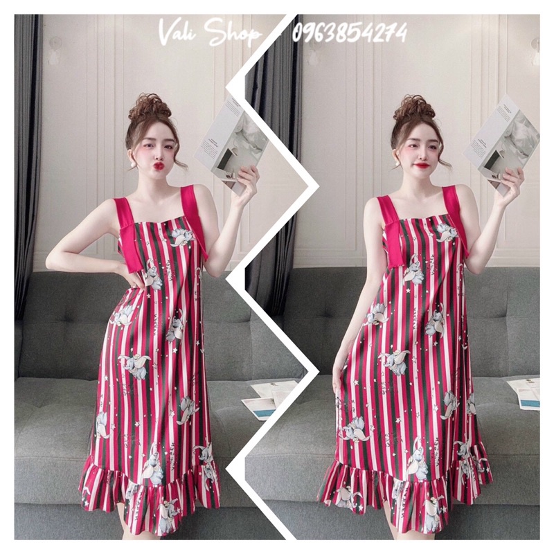 Váy đầm ngủ lụa latin cao cấp 2 dây bảng to đuôi bèo freesize 42-57kg