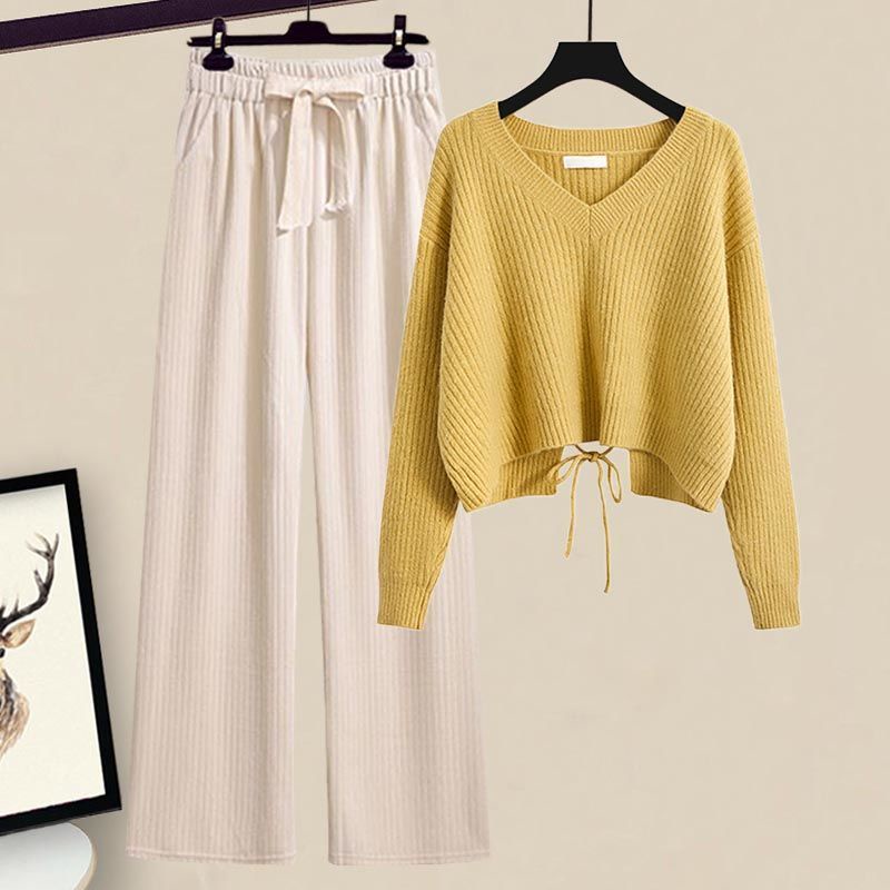 Plus Bộ Áo Sweater Dệt Kim Cổ V Dáng Rộng Phối Quần Dài Thời Trang Mùa Thu 2022 Cho Nữ