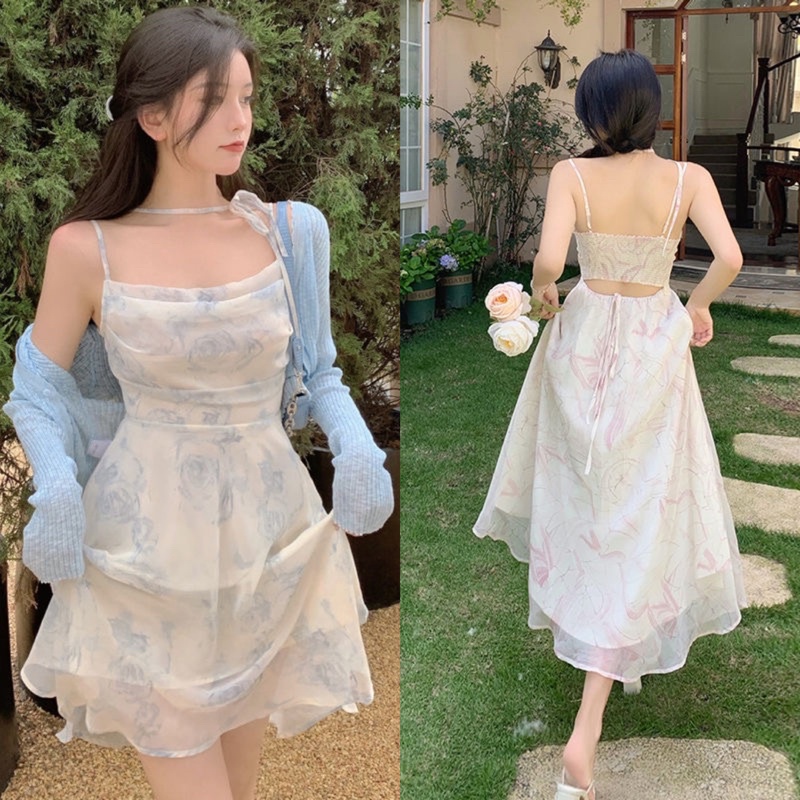 🔥 Đầm Hai Dây Hoa Hai Kiểu Ngắn Dài Hở Lưng/ Áo Cardigan Mỏng S37 Phong Cách Hàn Quốc