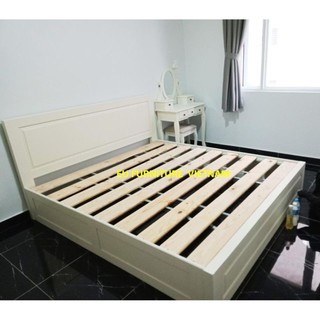 Giường ngủ gỗ sồi Mỹ sơn trắng có ngăn kéo