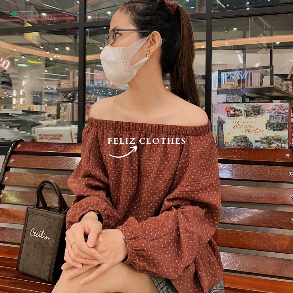 Áo babydoll dài tay hoạ tiết hoa nhí màu đỏ mận cực đáng yêu