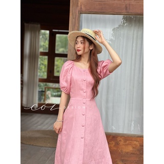 Đầm linen nút bọc tay phồng Cói Design