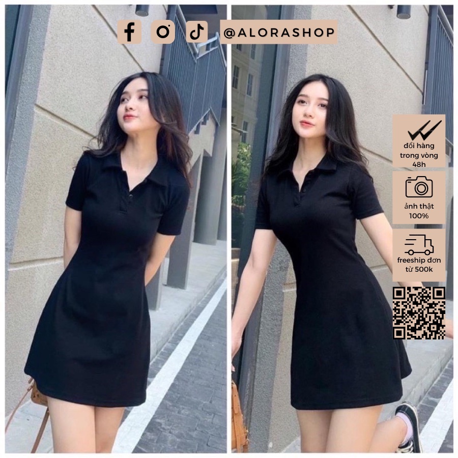 Váy nữ polo, đầm nữ cổ bẻ chất cotton zip dáng ôm ngắn tay hồng, đen freesize thời trang nữ Alora