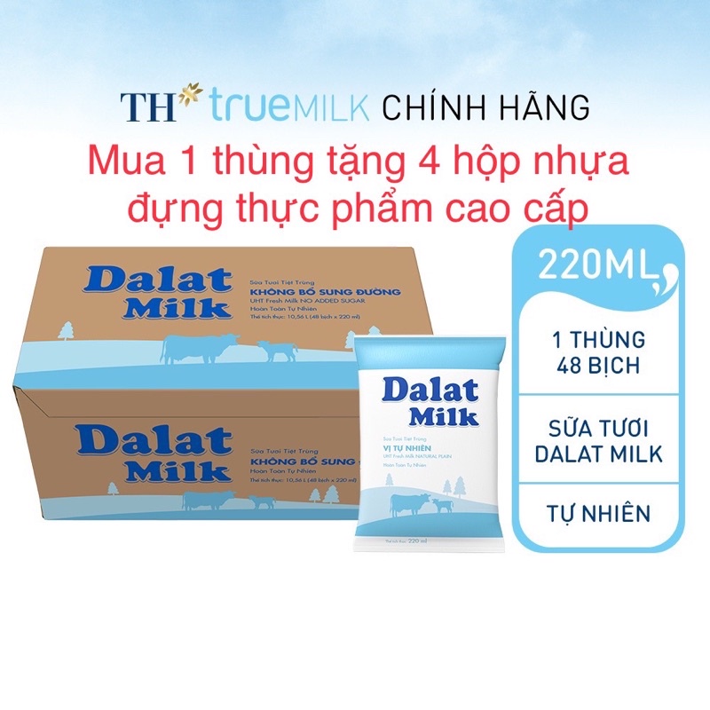 Thùng 48 Bịch Sữa Tươi Tiệt Trùng Dalat milk Không Đường 220ml