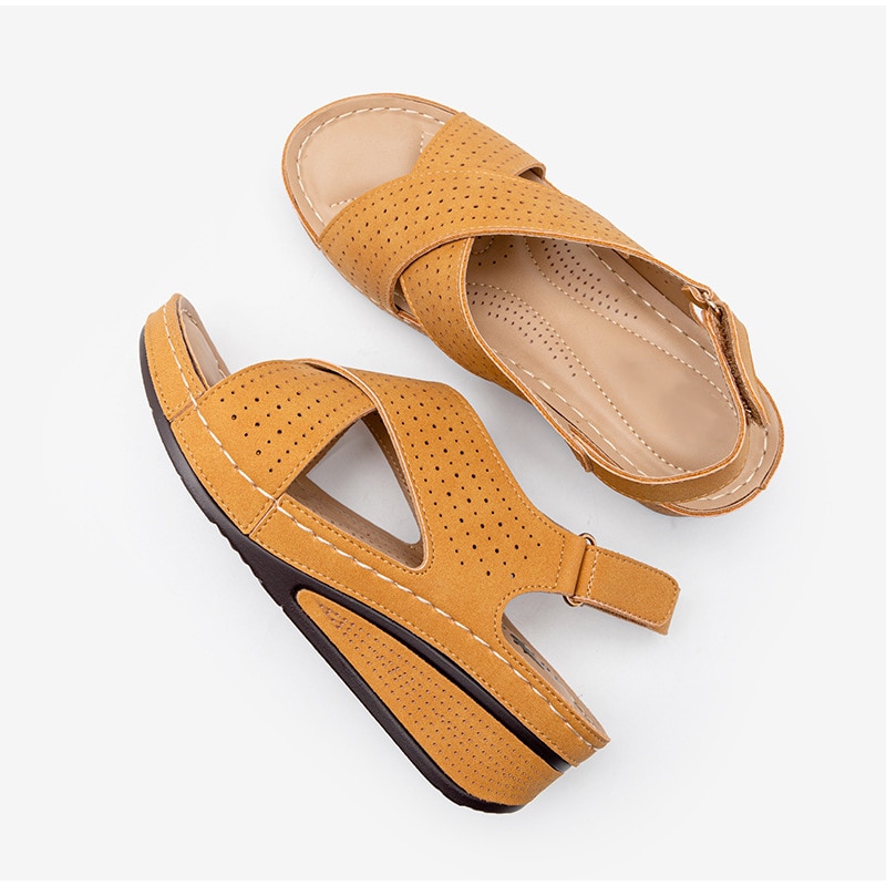 Giày sandal đế xuồng bằng da PU phong cách cổ điển thoải mái cho nữ