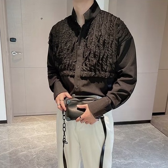 Áo Sơ Mi Tay Dài Nam Cổ Đứng Xếp Ly Phong Cách Hàn Quốc Thời Trang Mùa Thu Cho Simple áo nam đẹp bigsize áo sơ mi nam dài tay bông áo sơ mi nam form rộng Fashion sơ mi trắng nam