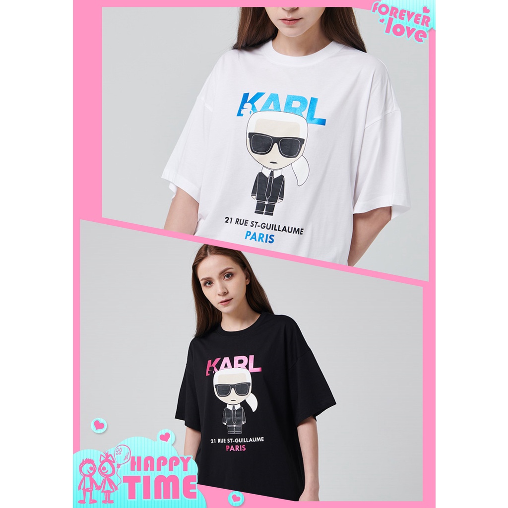 Áo Thun Cotton Tay Ngắn In Họa Tiết Hoạt Hình Karl Lagerfeld Thoải Mái Cho Nữ