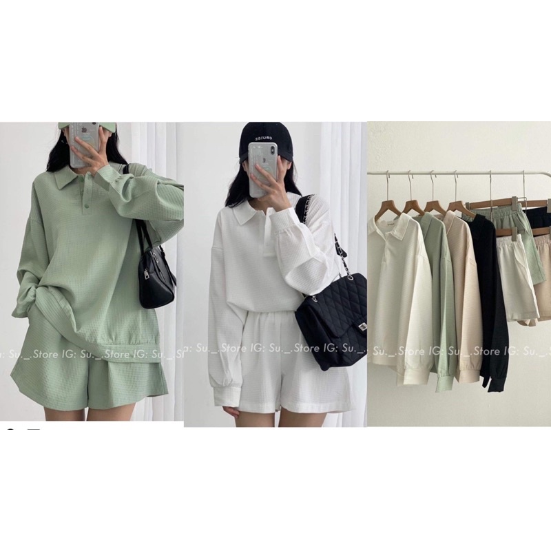 Set nỉ xốp áo cổ đức quần sooc đồng màu POLI