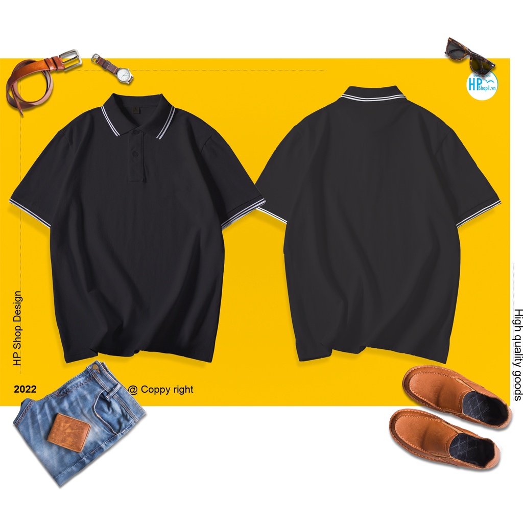 Áo polo nam HP Boutique vải trơn chất cá sấu Cotton co giãn 4 chiều, form Basic viền trắng lịch sự đẳng cấp HPBOPM06