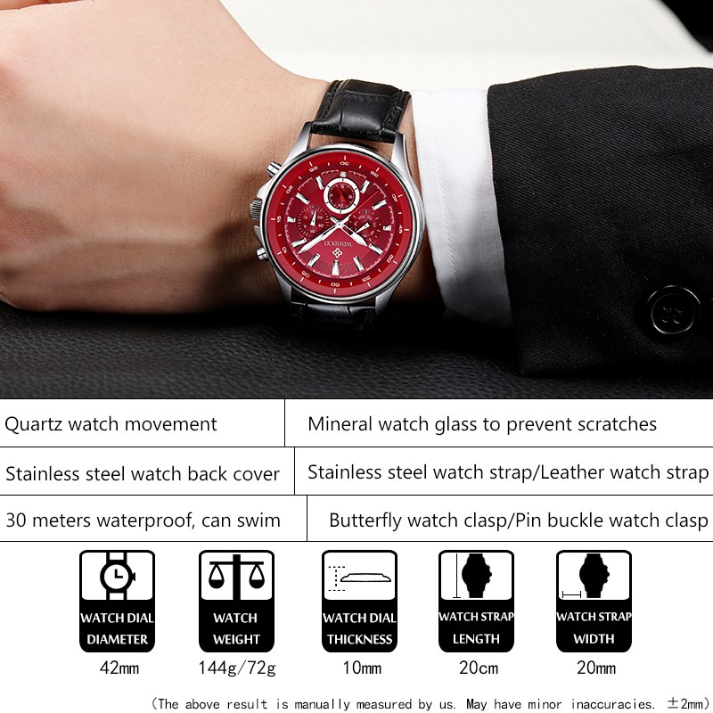 【Official product】WISHDOIT Business casual watch Simple atmosphere Multifunction Three-eye chronograph Sports waterproof swim watches leather Popular watches Calendar function Quartz watch Student watch Multiple colors available