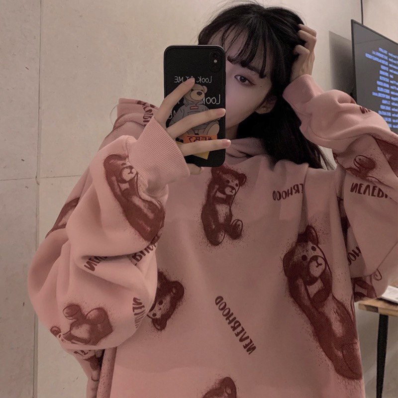 Áo Hoodie Nỉ Gấu NEVERHOOD 🦋 Áo Nỉ Ngoại Túi Trước In Hình Dáng Rộng 3 Màu 🦋