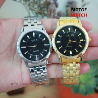 Đồng hồ cặp đôi nam nữ Halei mặt đen dây da kim loại chính hãng