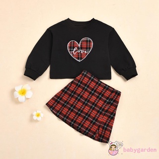 Áo Hoodie In Hình Trái Tim + Chân Váy Sọc Ca Rô Đỏ Cho Bé Gái
