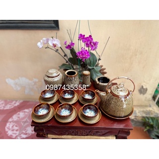Ấm chén hoả biến gấm dáng siêu gốm Bát Tràng
