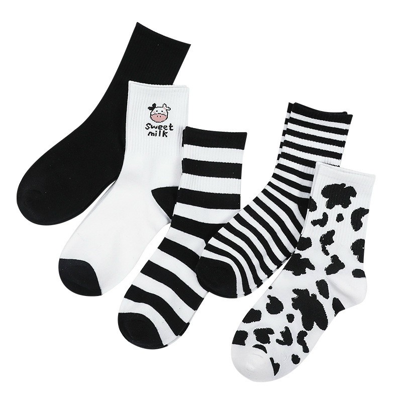Tất vớ nam nữ cổ cao họa tiết bò sữa set 5 đôi đủ màu