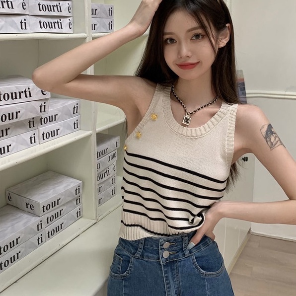 Áo hai dây ZHELIHANGFEI dệt kim họa tiết kẻ sọc phong cách quyến rũ