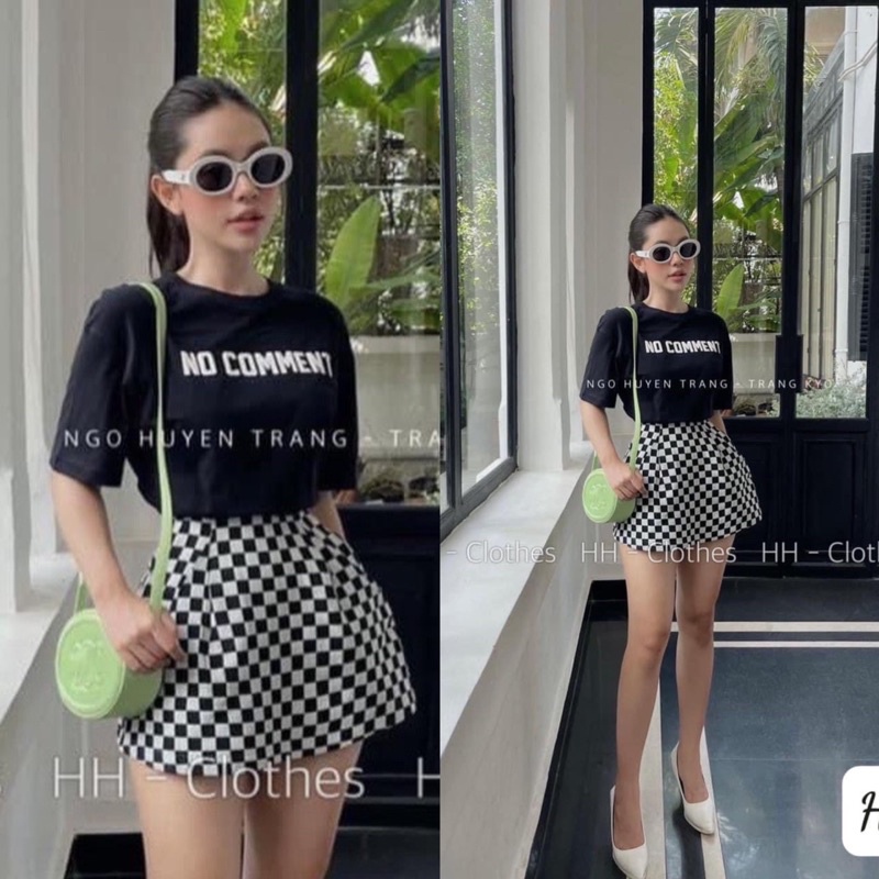 Set Áo thun đen mix chân váy caro form A (hàng loại 1) áo phông cotton dày dặn