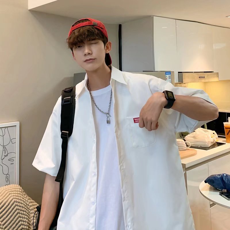 Áo Sơ Mi Tay Ngắn Dáng Rộng Màu Trơn Kiểu Hồng Kông Thời Trang Mùa Hè Năng Động