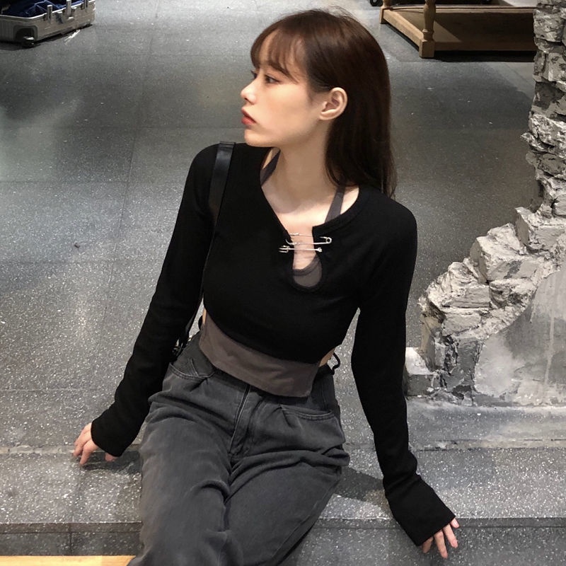 Áo Croptop Tay Dài + Áo Khoác Ghi Lê Xẻ Tà Thời Trang Hàn Quốc Cho Nữ